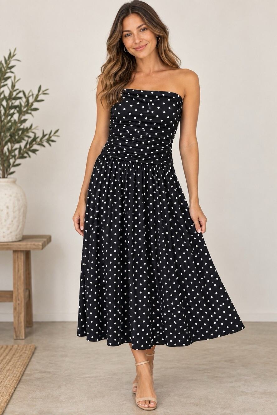 SHEIN Womens Large Black White Polka Dot Strapless Ruched Maxi Dress